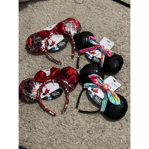 Disney Minnie Mouse Sequin Ears Headband Red Black Tie Dye Bow‎ New 4 pack